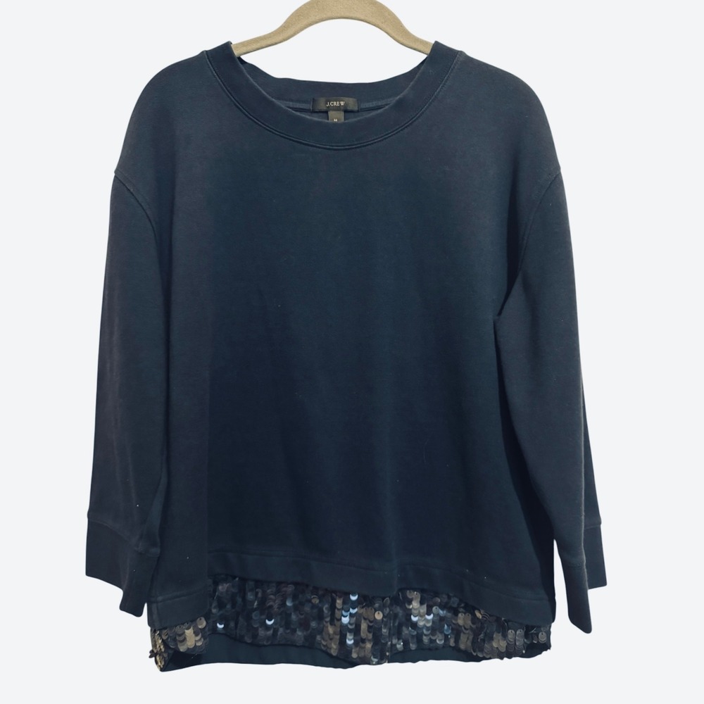 J.Crew Sequin Hem Sweatshirt Women's Medium Navy Blue Sparkle Casual Top Festive